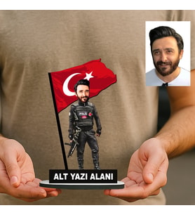 Kişiye Özel Polis Türk Bayraklı Karikatürlü 18 cm MDF Masaüstü Biblo - Polise Hediye Polis Hediyesi