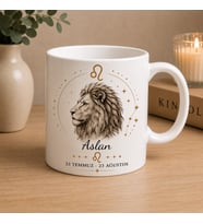 Aslan Burcu Baskılı Beyaz Kupa Bardak  Astroloji Temalı Seramik Kahve Kupası  Şık Burç Tasarım Hediye