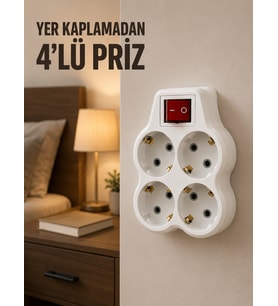4’lü Priz Çoğaltıcı Açma Kapama Anahtarlı Kablosuz Duvar Tipi Priz Adaptörü