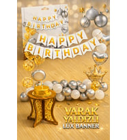 Altın Varak Yaldızlı Lüks Happy Birthday Banner - Beyaz