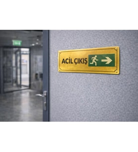 Acil Çıkış Gold Metal Yönlendirme Levhası 10x25 cm – İş Güvenliği