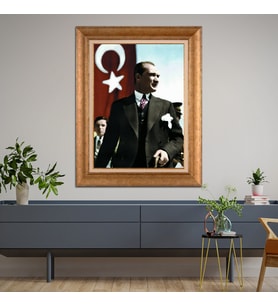 Altın Varaklı Çerçeveli Paspartulu Atatürk Tablo z4626 (Gold)