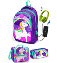 Coral High Kız Çocuk Mor Unicorn 3'lü Çanta Takımı - USB Soketli