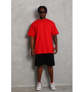 Erkek Düz Yazlık Kısa Kol Tişört Bisiklet Yaka Oversize T-Shirt - Kırmızı