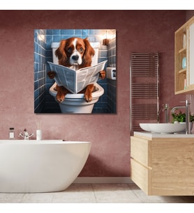 Tekli Kare Kanvas Banyo Tablosu Gazete Okuyan King Charles Köpek
