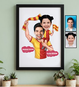 Kişiye Özel Karikatürlü Sarı Kırmızı Taraftar Baba Kız Siyah Çerçeve Babalar Günü Hediyesi
