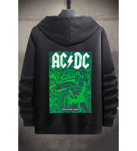 Unisex Ac Dc Baskılı Kapüşonlu Sweatshirt (Siyah)