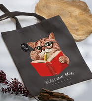 BK Gift Kedi Tasarımlı Antrasit Kumaş Bez Çanta, Baskılı Omuz Çantası, Alışveriş Çantası, Anneye Hediye-5