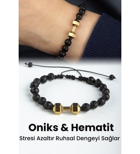 Oniks ve Hematit Doğal Taş Antik Sarı Dambıl Kesim Makrome Bileklik