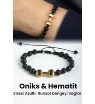 Oniks ve Hematit Doğal Taş Antik Sarı Dambıl Kesim Makrome Bileklik