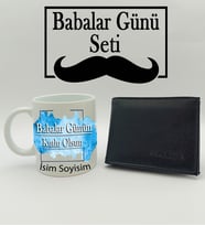 Babalar Gününe Özel Kişiye Mavi Tasarımlı Özel Kupa & Cüzdan Hediye Seti