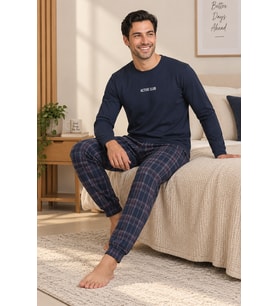 Falkom 5802 İnterlok Kışlık Kalın Kumaşlı Ekose Pijamalı Erkek Ev Pijama Takımı