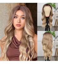 Kumral Dore Sarı Ombre  ve Röfleli Fiber Sentetik Geniş Dalgalı Tül Peruk