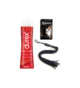 Durex Çilek Hazzı 50 ml Jel + Siyah Püsküllü Deri Kırbaç + Hediye