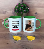 Erkek Öğretmene Hediye Kupa Bardak Yeşil Fotoğraflı Öğretmenler Günü Hediyesi