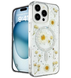 Newface Apple iPhone 16 Pro Kılıf Daisy Simli Magsafe Kapak - Gümüş
