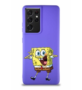 Samsung Galaxy S21 Ultra Soft Premier Kapak Sünger Bob Tasarımlı Silikon Kılıf - Mor (Şeffaf)