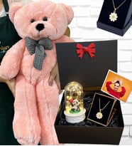Büyük Boy Pembe Peluş Ayıcık ve Kolyeli Fotoğraflı Hediye Kutusu - Premium Set (Model 3)