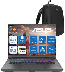 Asus Rog Strix G16 G614PR-RV050 Amd Ryzen 9 8940HX Aı 32 GB GB 512 GB SSD+512 GB 12 GB/RTX5070Tİ Gddr7 140W 16" Wuxga 165Hz 300NİTS  Windows 11 Home Taşınabilir Bilgisayar WRV050H10+ZETTAÇANTA