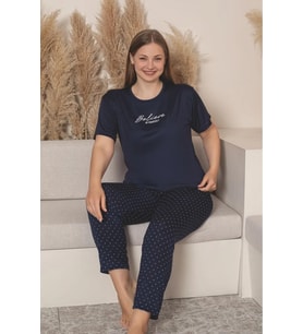 Charme Kadın Büyük Beden Bisiklet Yaka MİLAN Likralı Kısa Kol Pijama Takımı K601/254 - 1 Adet (Lacivert)