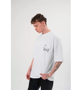 pilelistore- Unisex Bisiklet Yaka Baskılı Oversize T-Shirt - Beyaz