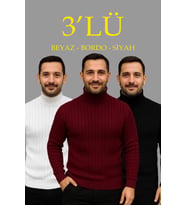 Erkek Fitilli Triko Kazak 3lÜ Set Beyaz Bordo Siyah Regular Balıkcı Yaka Tam Boğazlı Triko Seti Modeli Kazak