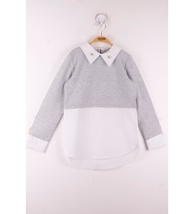 Toontoy Kız Çocuk Gömlek Detaylı Yakası İncili Okul Sweatshirt ( Gri-Melanj)