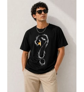 Erkek Kuğu Figürlü Soru İşareti Baskılı Tişört Kısa Kol T-Shirt - Siyah