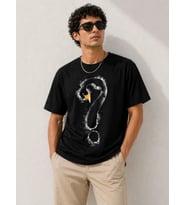 Erkek Kuğu Figürlü Soru İşareti Baskılı Tişört Kısa Kol T-Shirt - Siyah
