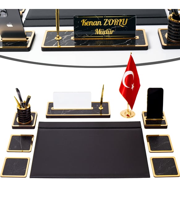 Star Bayraklı Mermer Desenli Ahşap Sümen Takımı Deri Sümen Seti Masa İsimliği