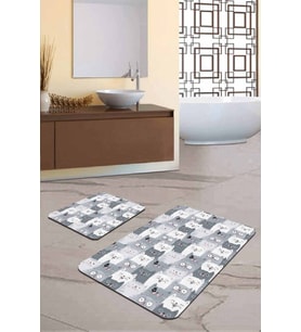 Gri Kedi Desenli Banyo Halısı Klozet 2'li Paspas Seti BS253