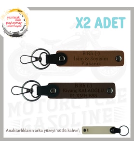 Motor Severlere, İsim Plaka ve B - Kan Grubu Yazılı Anlamlı Hediye x2 Anahtarlık, Kahve-K Kahve-SK