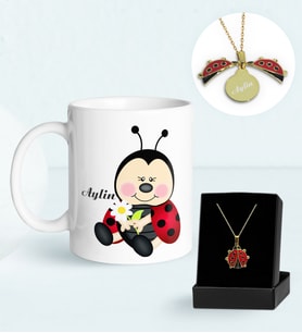 BK Gift Kişiye Özel Sevimli Uğur Böceği Kupa ve Açılan Uğur Böceği Kolye Hediye Seti