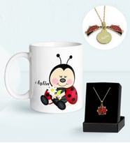 BK Gift Kişiye Özel Sevimli Uğur Böceği Kupa ve Açılan Uğur Böceği Kolye Hediye Seti