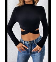 Fantezia Night Kadın Siyah Çapraz Bel Detaylı Dik Yaka Uzun Kol Crop Top Bluz