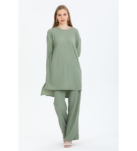 Kadın Bürümcük Kumaş Tunik-Pantolon Takım Haki