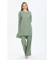 Kadın Bürümcük Kumaş Tunik-Pantolon Takım Haki