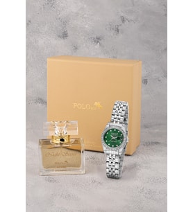 Polo Air Mercek Takvimli Lüx Taşlı Kadın Kol Saati 55 ml Parfüm Hediyelik Kutusunda Set Gümüş Yeşil Renk ST-2195S8