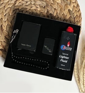 Özel Erkeklere Lüks Kutulu Gerçek Deri Mekanizmalı Cüzdan & Metal Çakmak X-Lıte Benzin Tespih Hediye Seti LK66V