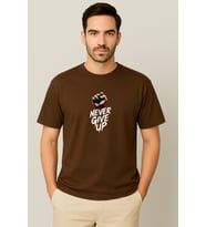 Erkek - Kadın Never Give Up Baskılı Unisex Yarım Kollu Bisiklet Yaka %100 Pamuk Oversize T-shirt (Kahverengi)