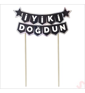 İyi Ki Doğdun Banner Pasta SüSü, Siyah Gümüş - 22cm x 18cm (STD)