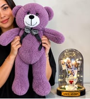 Kişiye Özel 3 Fotoğraflı Yazılı LED Işıklı Fanus ve Büyük Mor Peluş Ayıcık (beyaz melekli)