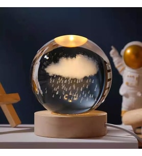 Işıklı Kristal Cam Küre - Yağmur Bulutu Tasarımlı - Ahşap Altlıklı - USB Gece Lambası