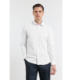 Beyaz Kendinden Desenli Sert Yaka Uzun Kol Cepsiz Slim Fit Pamuklu Gömlek 1004255230