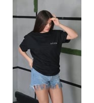 Unisex Bisiklet Yaka Baskılı Oversize T-Shirt - Siyah