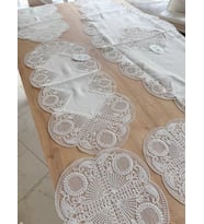 Salon Takımı Çeyizlik Krem Runner Set 5 Parça Keten Ranır Masa Sehpa Konsol Örtüsü Defne