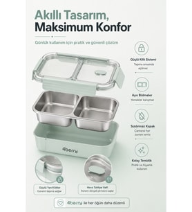 2 Bölmeli Termos Yemek Kabı, 850 ml Su Yeşili