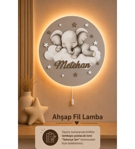 Ahşap Fil Lamba İsme Özel Pilli Ledli Gece Lambası Bebek Çocuk Odası