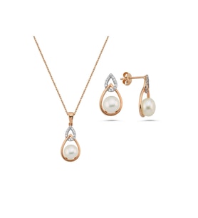 Zirkon Taşlı Damla İçinde Doğal İnci Küpe Kolye İkili Set (Rose)