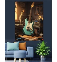 Çalışma Odasındaki Mavi Elektrogitar Dekoratif Kanvas - Mdf Ahşap Tablo